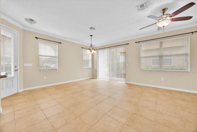 1518 Orrington Payne Pl, Casselberry, FL 32707 - empty room featuring light tile patterned flooring, visible vents, ceiling fan with notable chandelier, and ornamental molding
