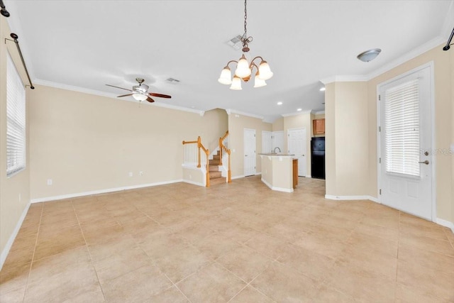 1518 Orrington Payne Pl, Casselberry, FL 32707 - unfurnished living room with stairway, a healthy amount of sunlight, and crown molding