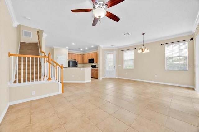 1518 Orrington Payne Pl, Casselberry, FL 32707 - unfurnished living room with ornamental molding, stairs, light tile patterned floors, and visible vents