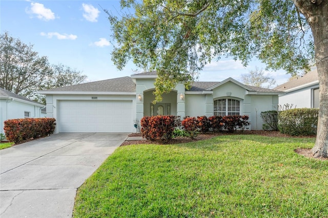 ranch-style house with a garage and a front lawn