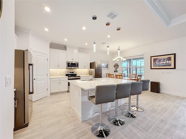 kitchen with white cabinetry, a center island with sink, appliances with stainless steel finishes, a breakfast bar area, and pendant lighting