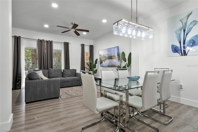 dining space with hardwood / wood-style floors, a textured ceiling, and ceiling fan