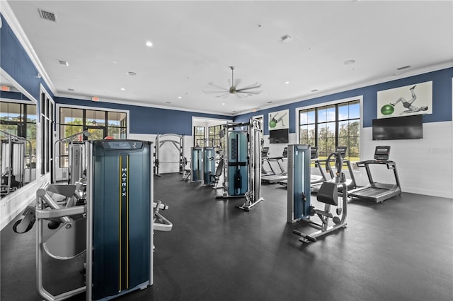 exercise room featuring visible vents, recessed lighting, crown molding, and ceiling fan