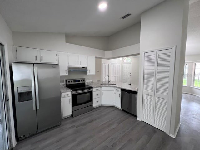 kitchen featuring sink, vaulted ceiling, dark hardwood / wood-style flooring, stainless steel appliances, and white cabinets