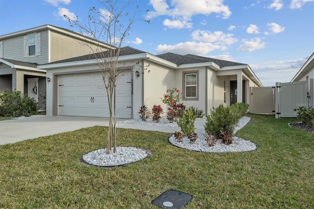 view of front of house with a garage and a front lawn