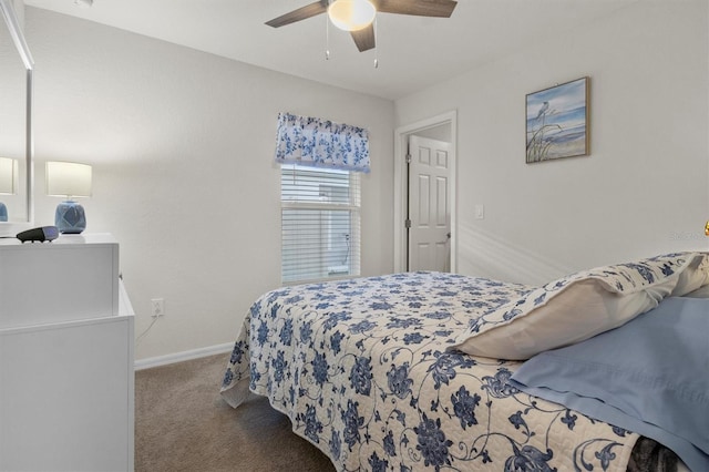 bedroom with carpet, a ceiling fan, and baseboards