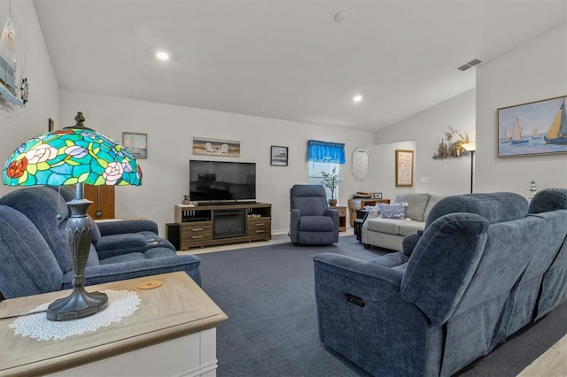 living room with lofted ceiling, carpet flooring, visible vents, and recessed lighting