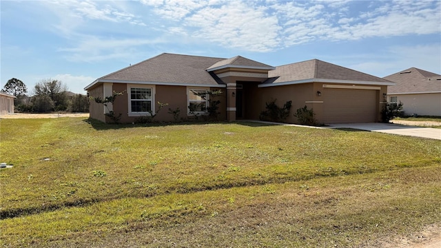 view of front facade with a garage, stucco siding, concrete driveway, and a front lawn