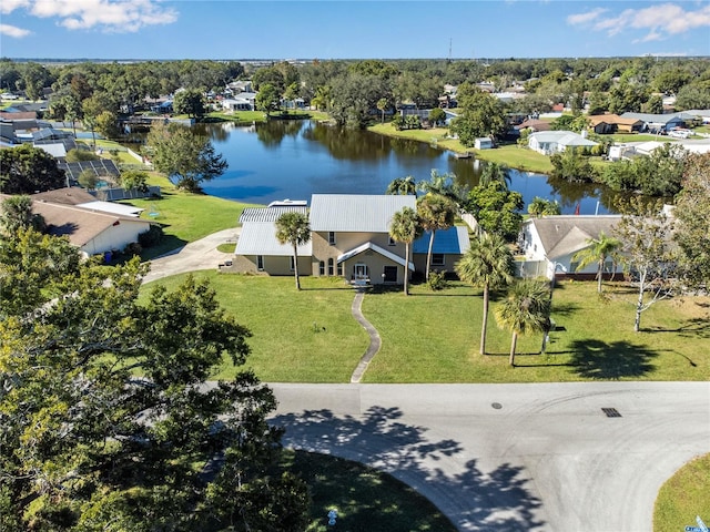 aerial view featuring a water view