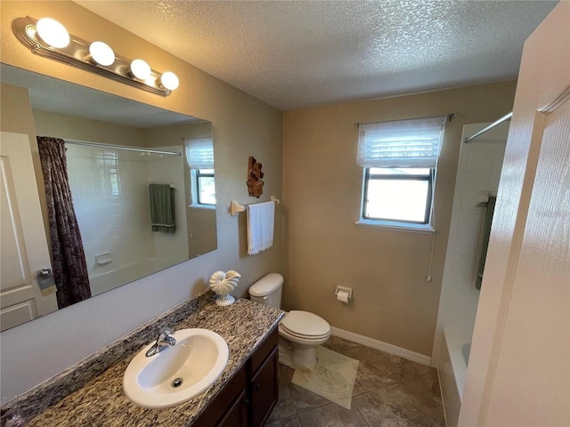 1820 Trophy Bass Way, Kissimmee, FL 34746 - bathroom with baseboards, toilet, vanity, a textured ceiling, and shower / bathtub combination with curtain