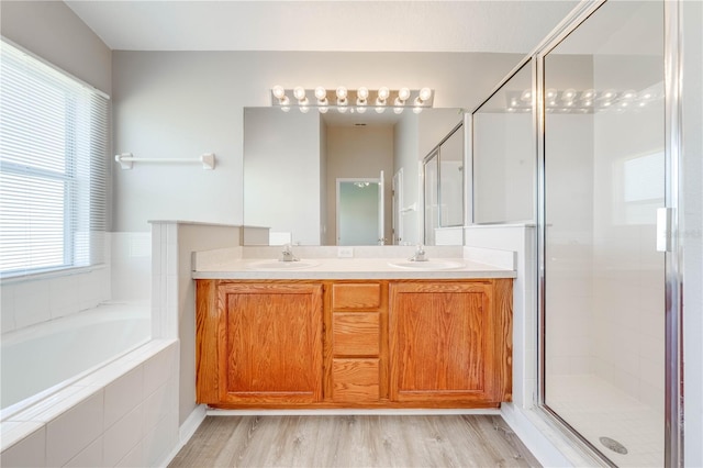 full bathroom featuring double vanity, a sink, a stall shower, and a garden tub