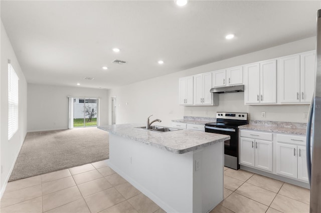 kitchen with sink, stainless steel range with electric stovetop, a kitchen island with sink, and white cabinetry