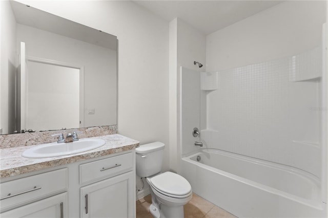 full bathroom featuring shower / tub combination, toilet, tile patterned floors, and vanity