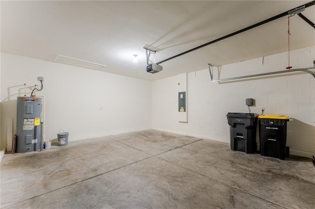 garage featuring a garage door opener, electric water heater, and electric panel