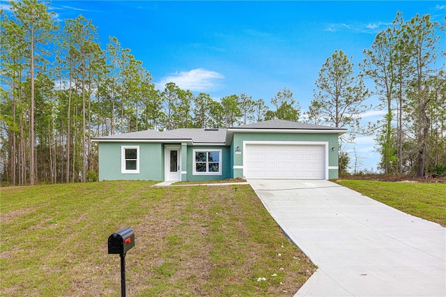 ranch-style home featuring a front lawn, a garage, driveway, and stucco siding