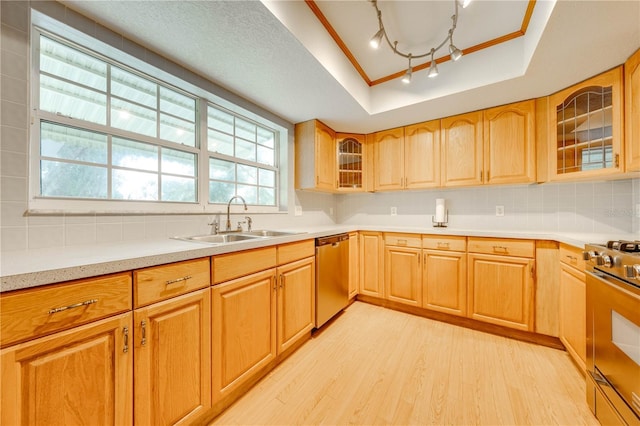 kitchen with appliances with stainless steel finishes, sink, decorative backsplash, a raised ceiling, and light wood-type flooring