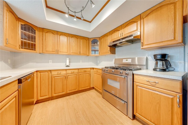 kitchen featuring appliances with stainless steel finishes, tasteful backsplash, ornamental molding, a tray ceiling, and light hardwood / wood-style flooring