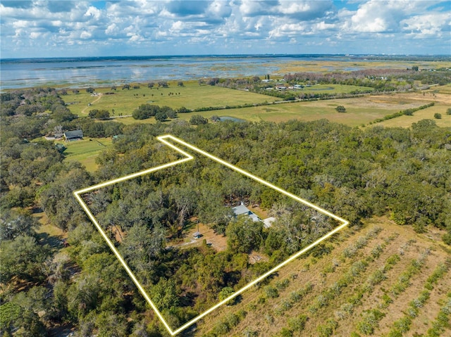 aerial view featuring a water view and a rural view