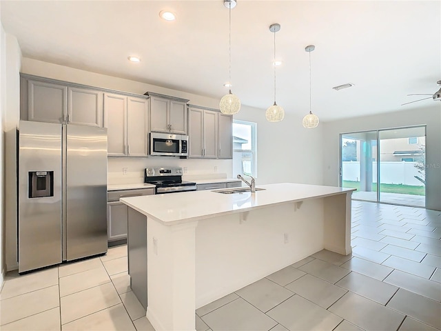 kitchen with a kitchen island with sink, sink, hanging light fixtures, and appliances with stainless steel finishes