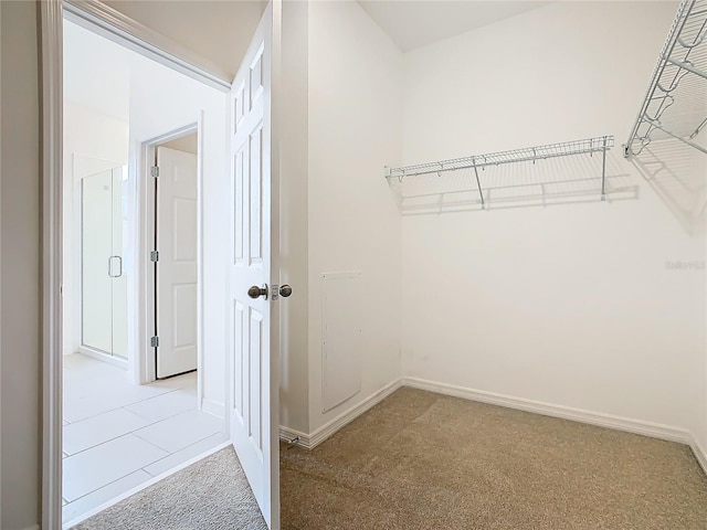 spacious closet featuring light carpet