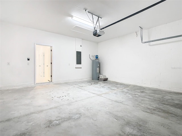 garage featuring a garage door opener, electric panel, and water heater