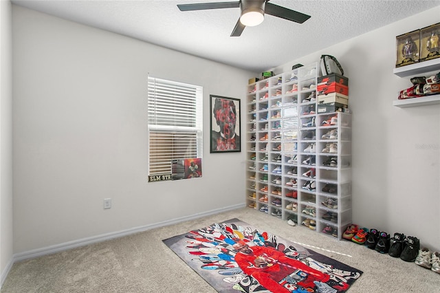 interior space featuring ceiling fan, carpet flooring, and a textured ceiling