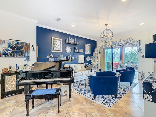 tiled living room with crown molding and a notable chandelier