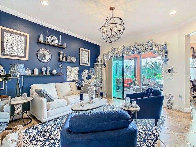 tiled living room with crown molding and a notable chandelier