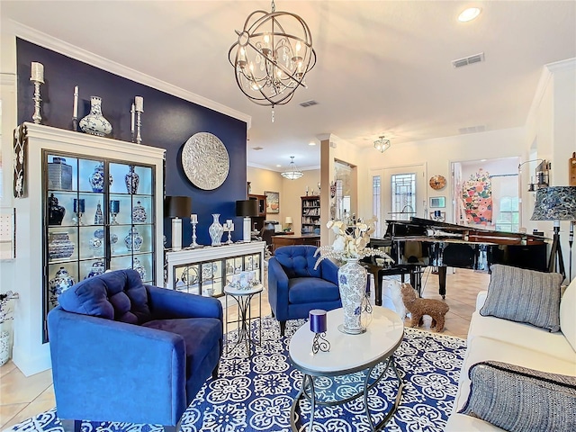 tiled living room with ornamental molding and an inviting chandelier