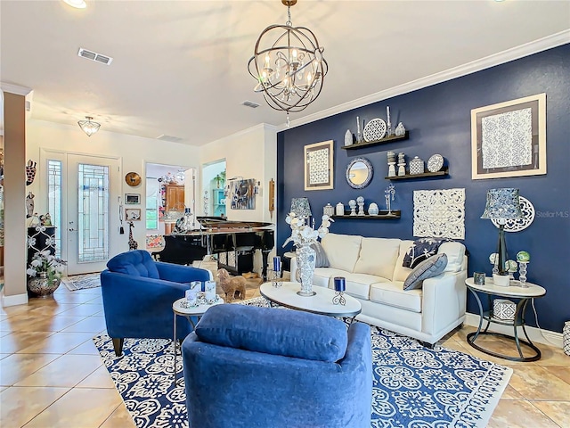 living room with ornamental molding, light tile patterned floors, and a chandelier