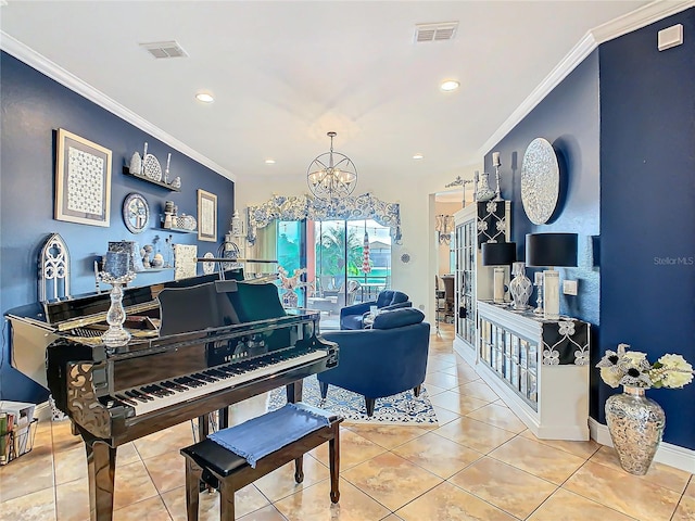 living room featuring crown molding, an inviting chandelier, and light tile patterned floors