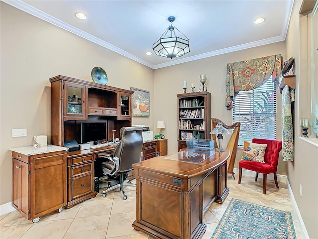 tiled office featuring crown molding