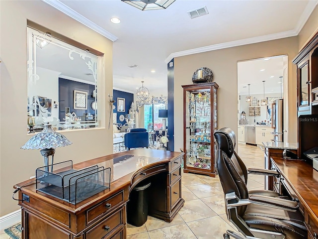 tiled office with crown molding