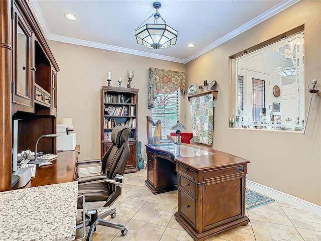 tiled office with crown molding