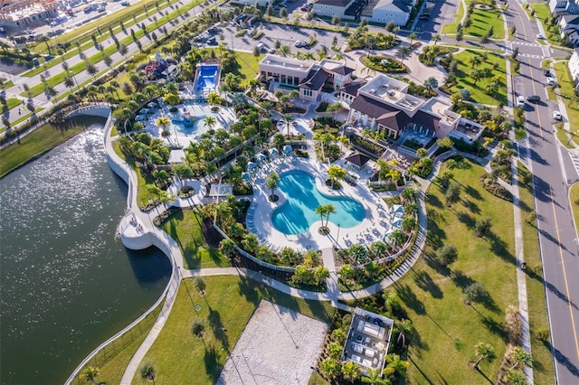 bird's eye view with a water view