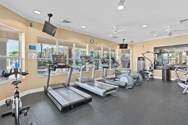 gym with a wealth of natural light, ornamental molding, and a textured ceiling