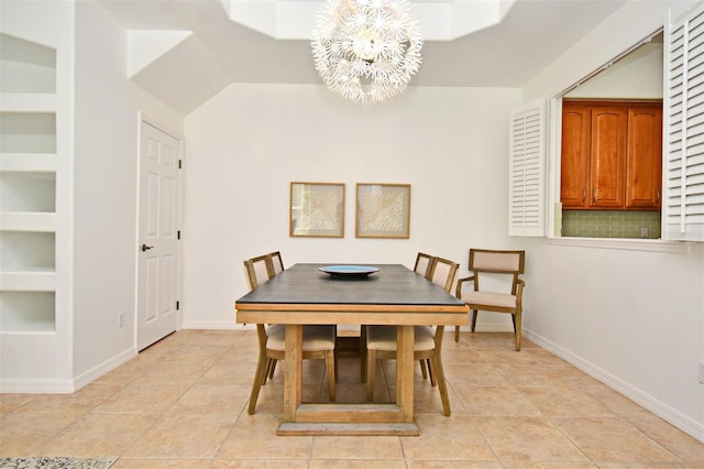 dining space with a chandelier, built in features, baseboards, and light tile patterned floors