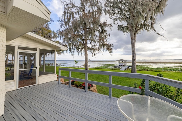 wooden deck with a water view