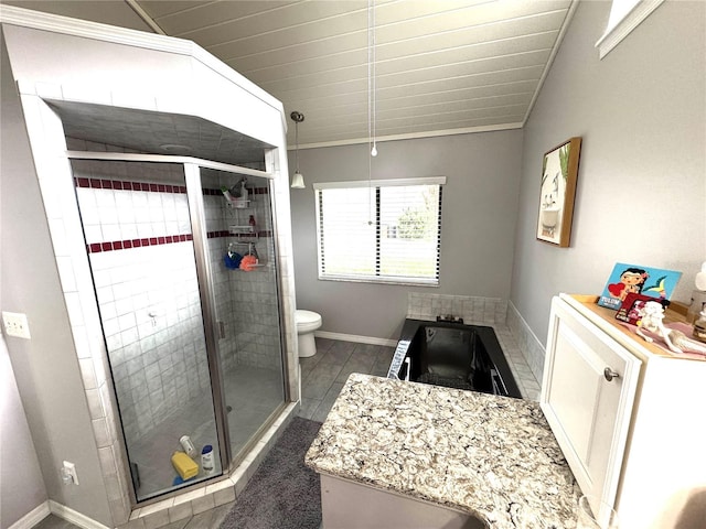 bathroom with toilet, walk in shower, lofted ceiling, crown molding, and vanity