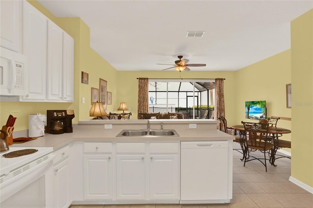 kitchen featuring a peninsula, white appliances, a sink, visible vents, and a ceiling fan