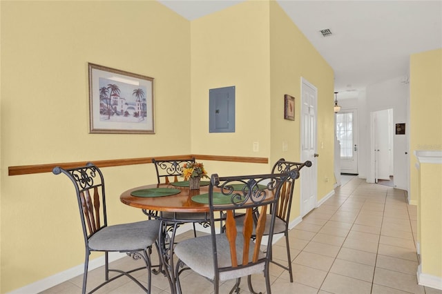 dining area with light tile patterned floors, visible vents, electric panel, and baseboards