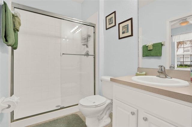 full bath featuring vanity, a shower stall, and toilet