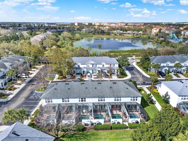 aerial view featuring a water view and a residential view