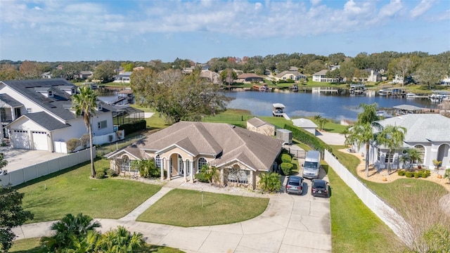 drone / aerial view with a water view