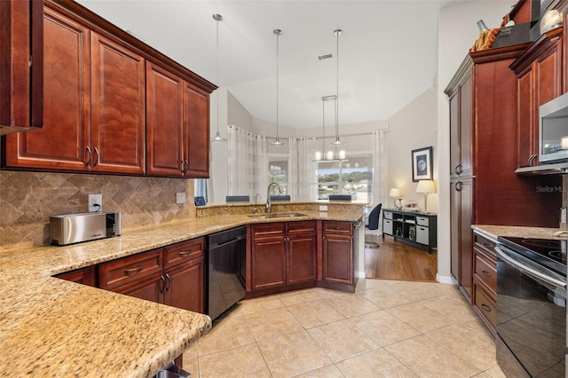 kitchen with kitchen peninsula, sink, dishwasher, range with electric cooktop, and pendant lighting