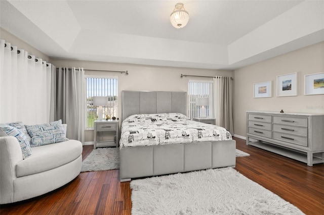 bedroom with dark wood-type flooring and a raised ceiling