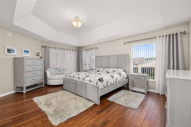 bedroom featuring a tray ceiling and dark hardwood / wood-style flooring