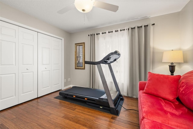 exercise room featuring ceiling fan and dark hardwood / wood-style floors