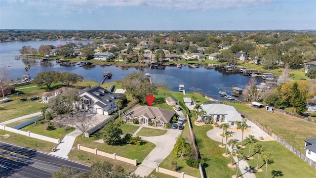 drone / aerial view featuring a water view