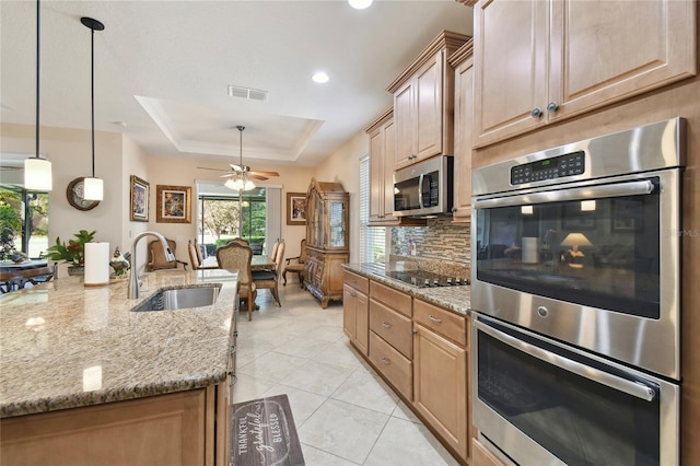 kitchen with hanging light fixtures, sink, backsplash, a tray ceiling, and appliances with stainless steel finishes